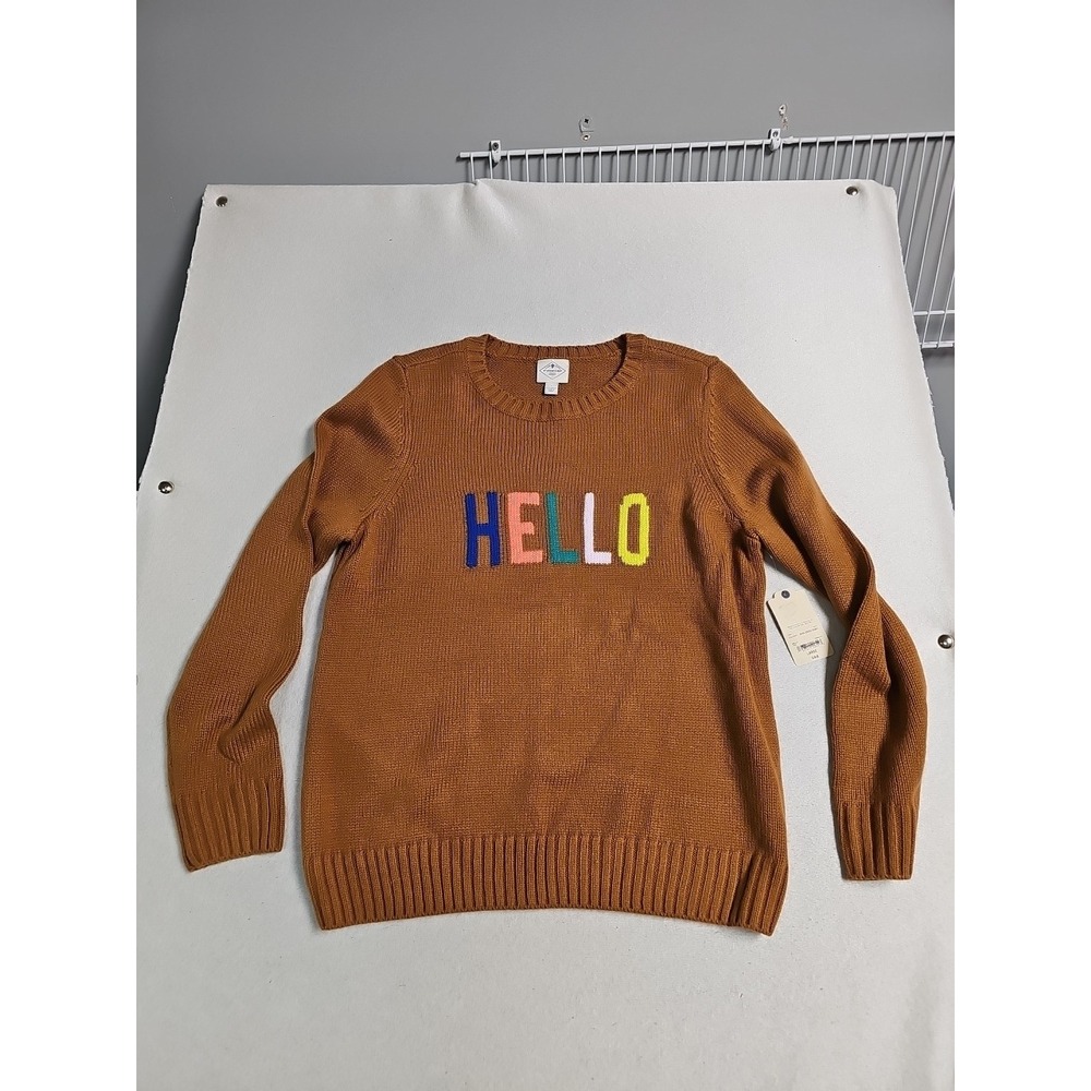 St John's Bay Sweater Womens Large Tan Hello Crew Neck New